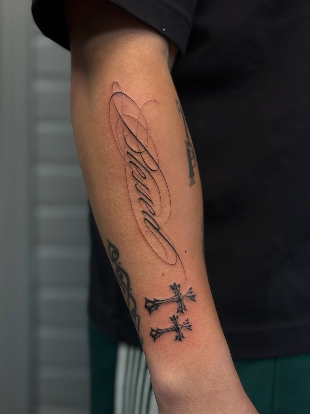 Tattoo by @vaehinked — lettering_script, black_and_grey