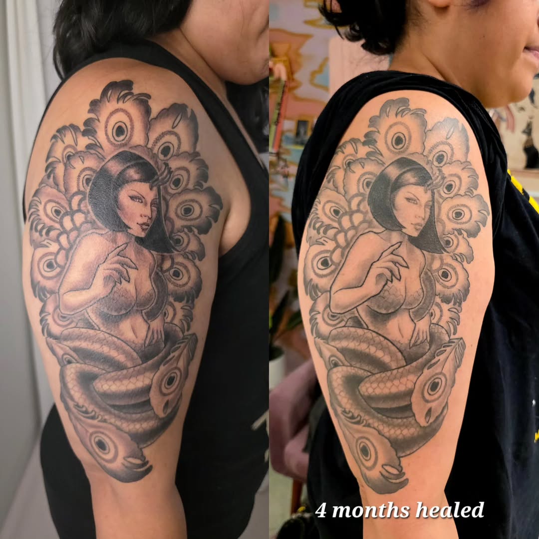 Tattoo by @aprilhightattoo — black_and_grey, neo_traditional