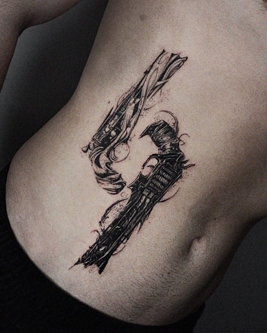 Tattoo by @gun_tattooist — black_and_grey, illustrative