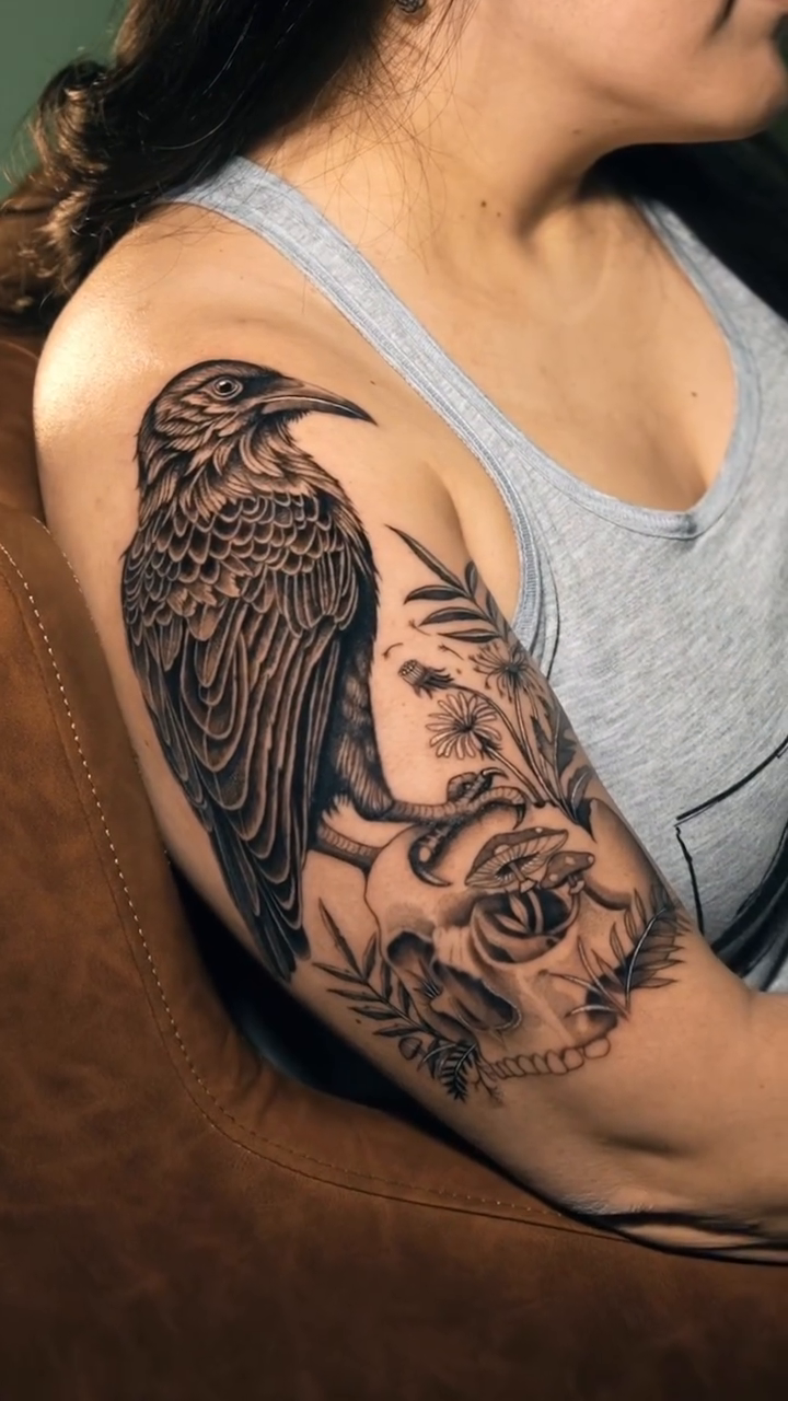 Tattoo by @bluebird.ink β realism, black_and_grey