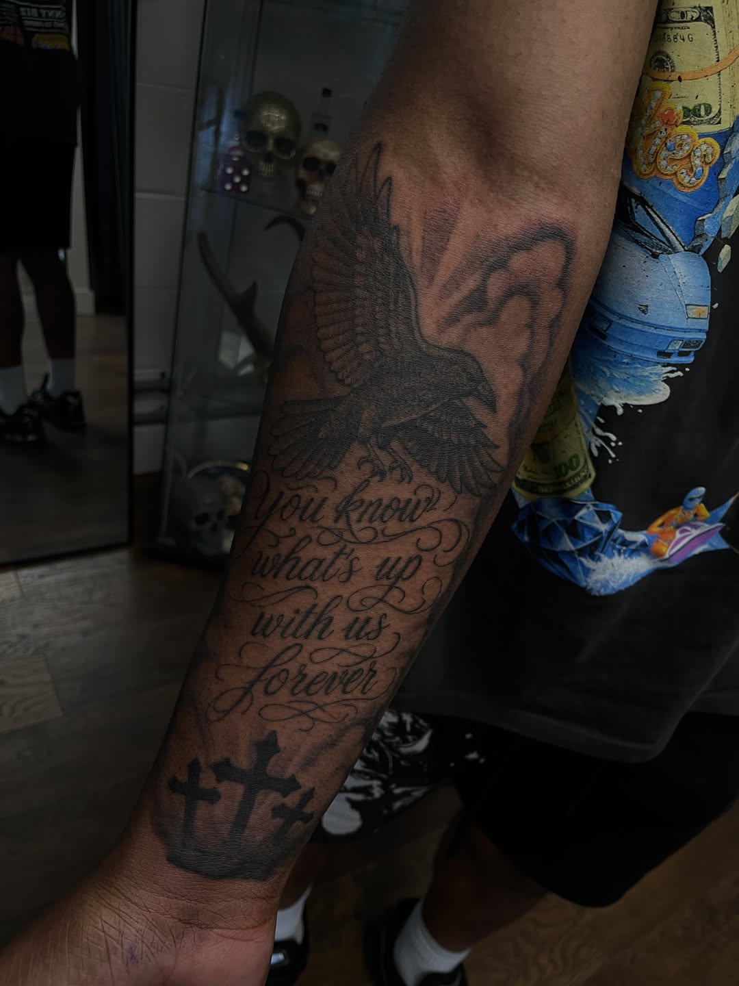 Tattoo by @_sinnertattoos โ black_and_grey, lettering_script