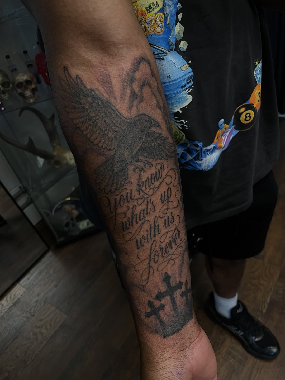 Tattoo by @_sinnertattoos โ lettering_script, black_and_grey