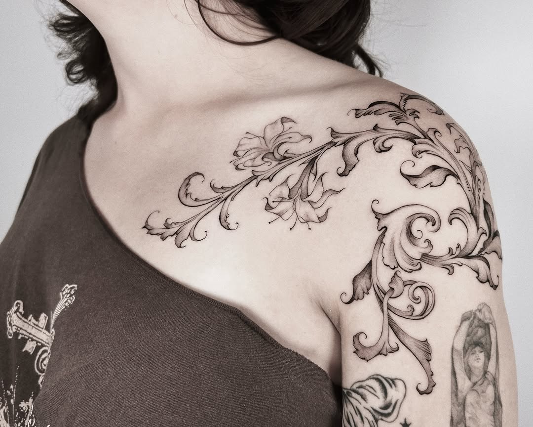 Tattoo by @ibuylemurs — ornamental, black_and_grey