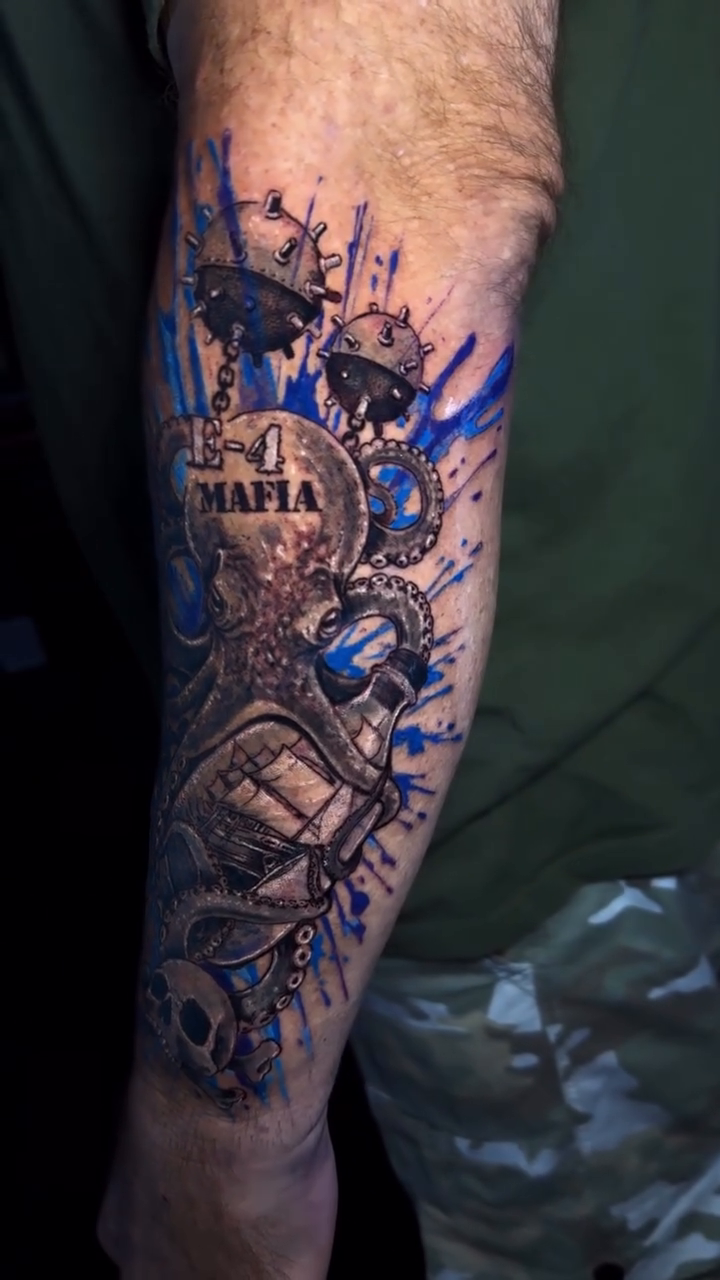 Tattoo by @grimlayertattoo — black_and_grey, trash_polka