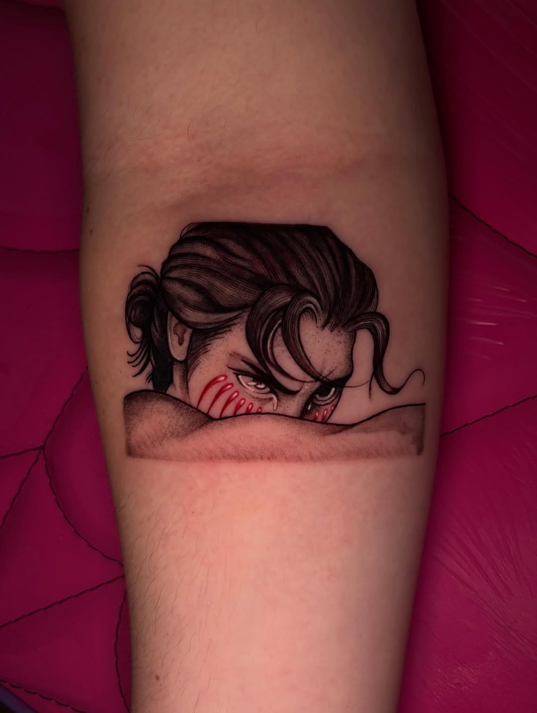 Tattoo by @teavangoghink — anime, black_and_grey