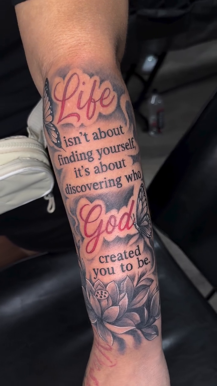Tattoo by @krushkortnay — lettering_script, black_and_grey