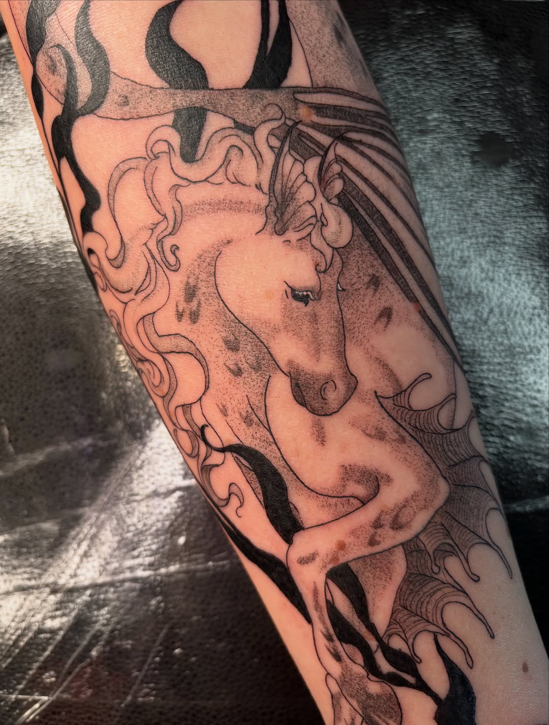 Tattoo by @fernwilds_tattoo โ black_and_grey, dotwork