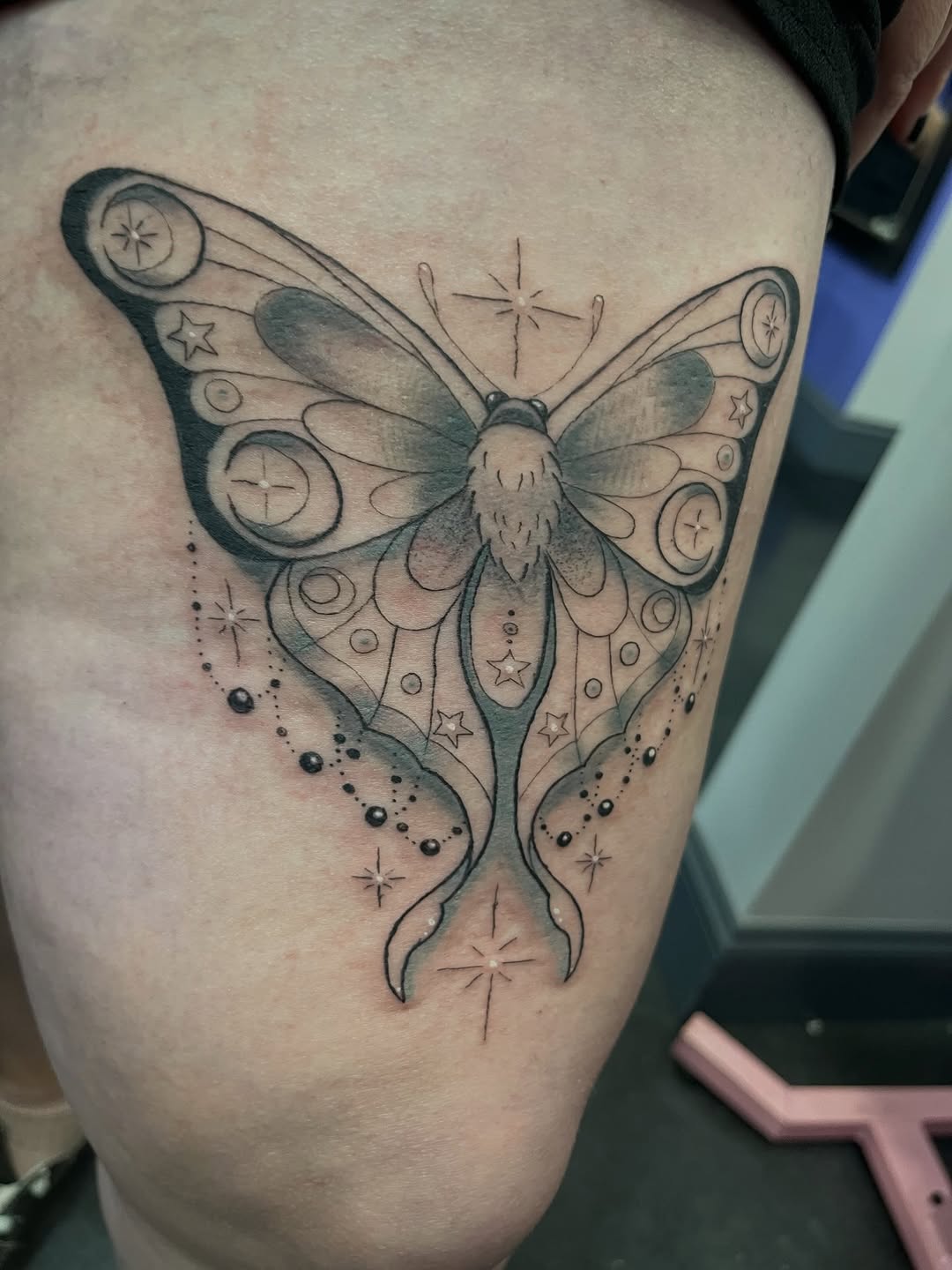 Tattoo by @freya_fataletattoo — illustrative, black_and_grey
