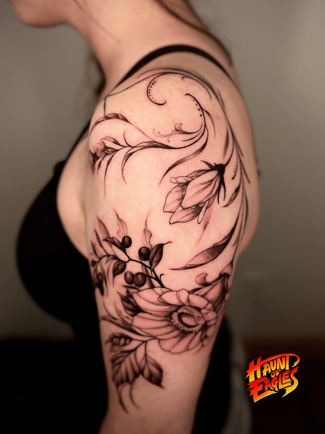 Tattoo by @haunt.of.eagles — black_and_grey, fine_line