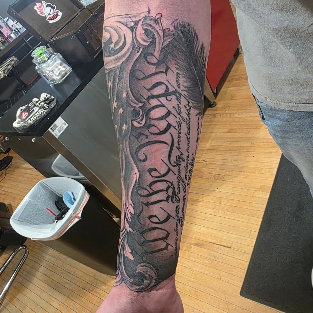 Tattoo by @bearthedemo — lettering_script, black_and_grey
