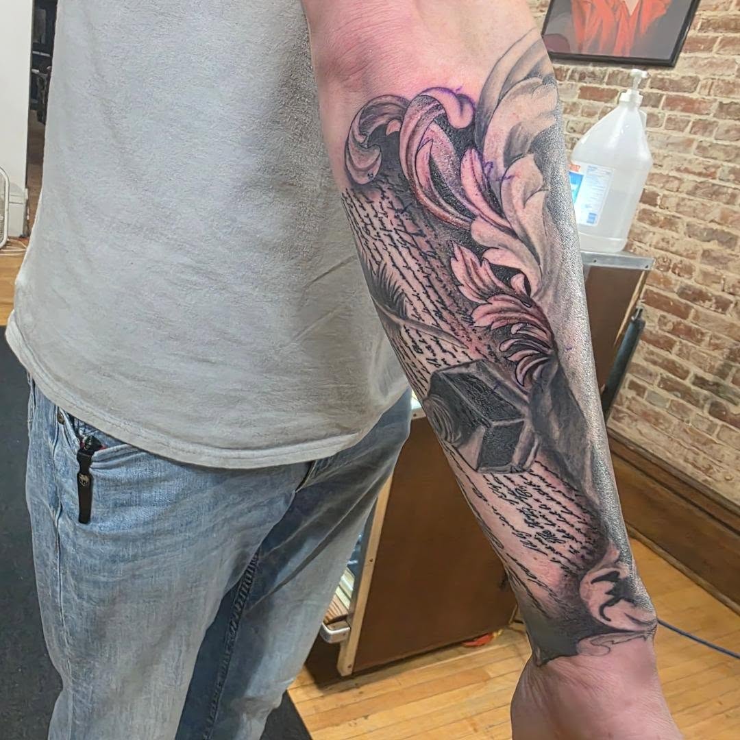 Tattoo by @bearthedemo — black_and_grey, lettering_script