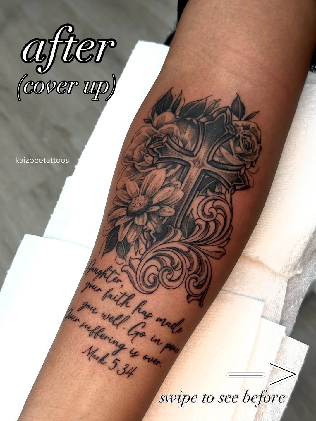 Tattoo by @kaizbeetattoos β black_and_grey, lettering_script