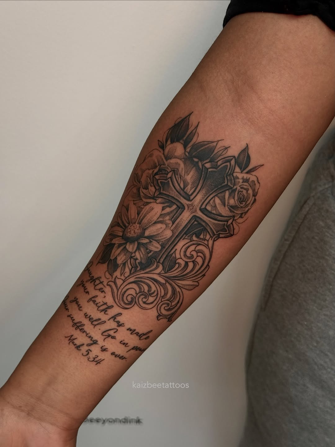 Tattoo by @kaizbeetattoos β black_and_grey, lettering_script