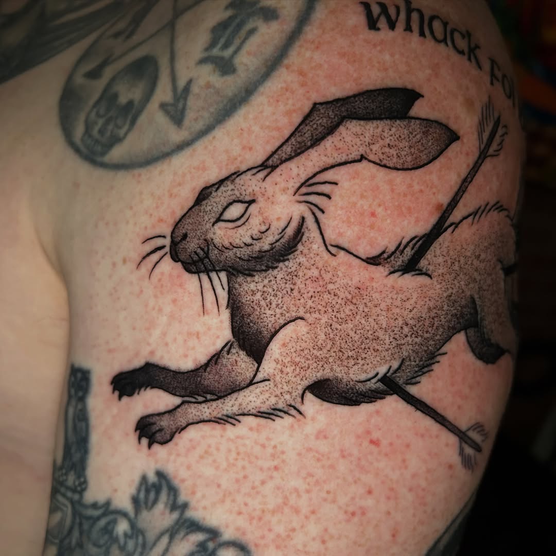 Tattoo by @skeletonkeytattoos — dotwork, black_and_grey