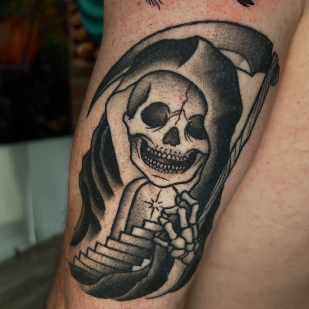 Tattoo by @skeletonkeytattoos — black_and_grey, dark_realism