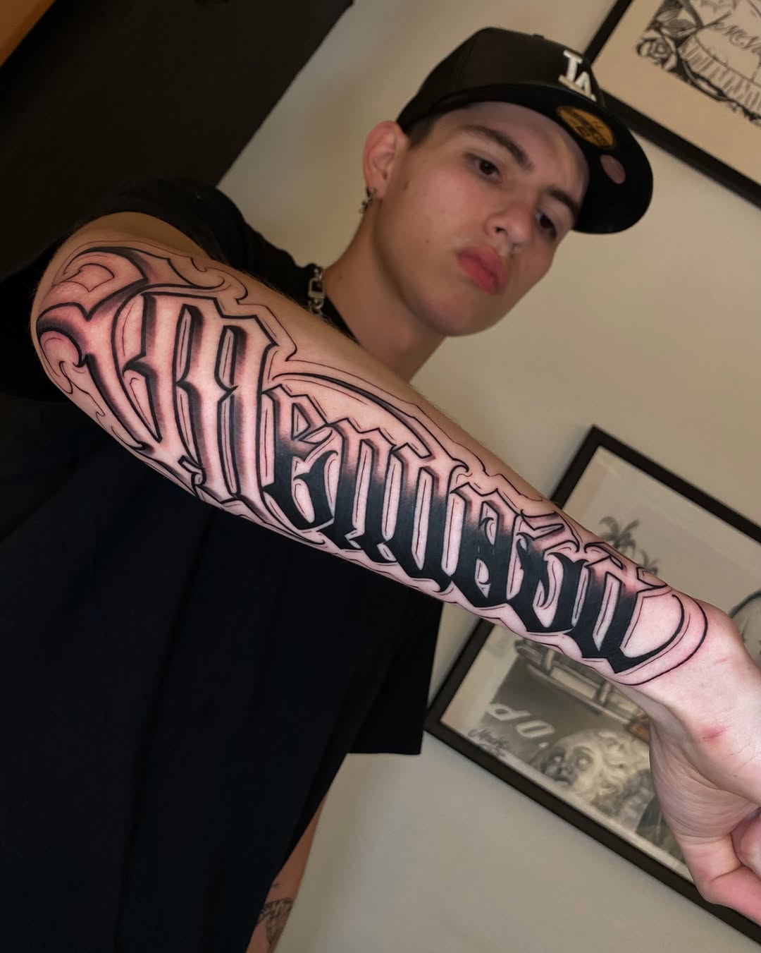 Tattoo by @sionerdcd — lettering_script, chicano