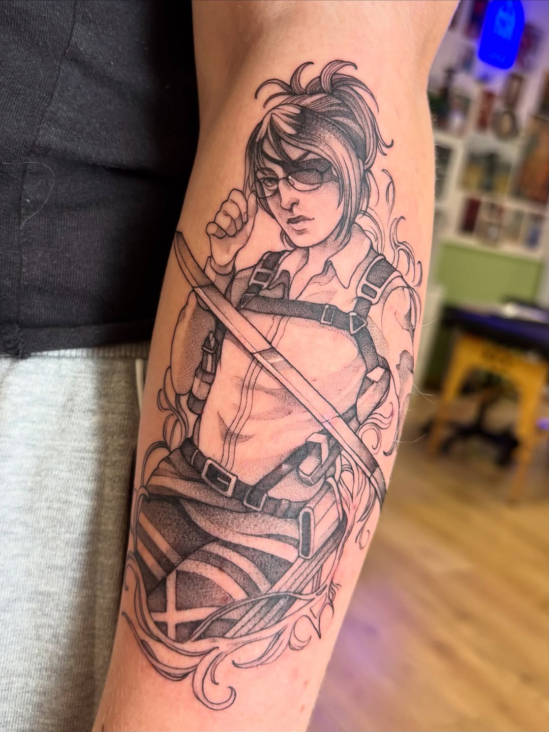 Tattoo by @joelytattoos — anime, black_and_grey