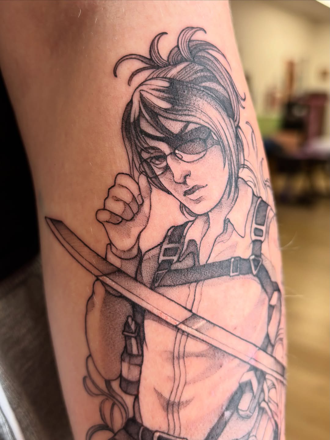 Tattoo by @joelytattoos — anime, black_and_grey