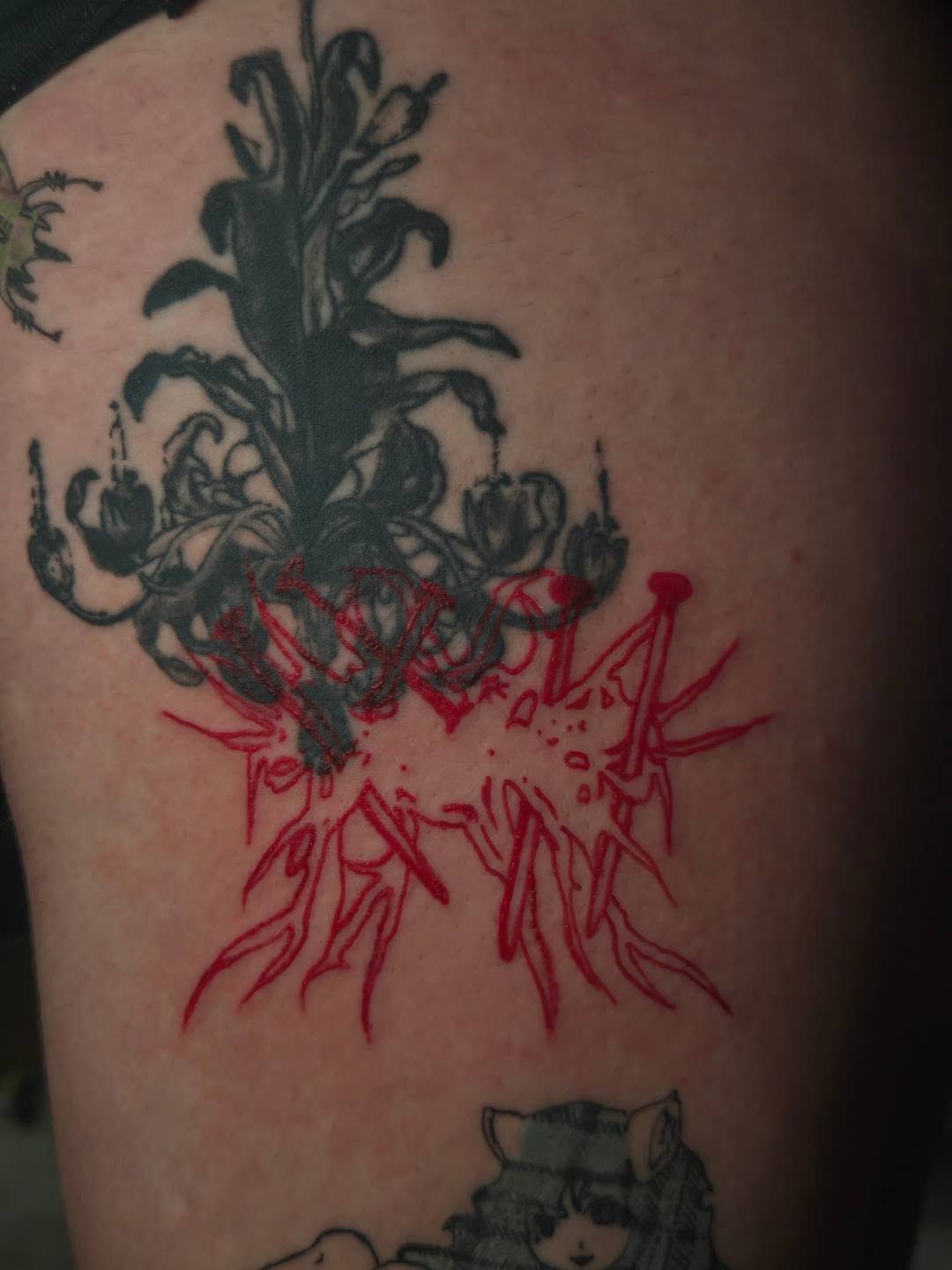 Tattoo by @bugpin7rl โ trash_polka, black_and_grey