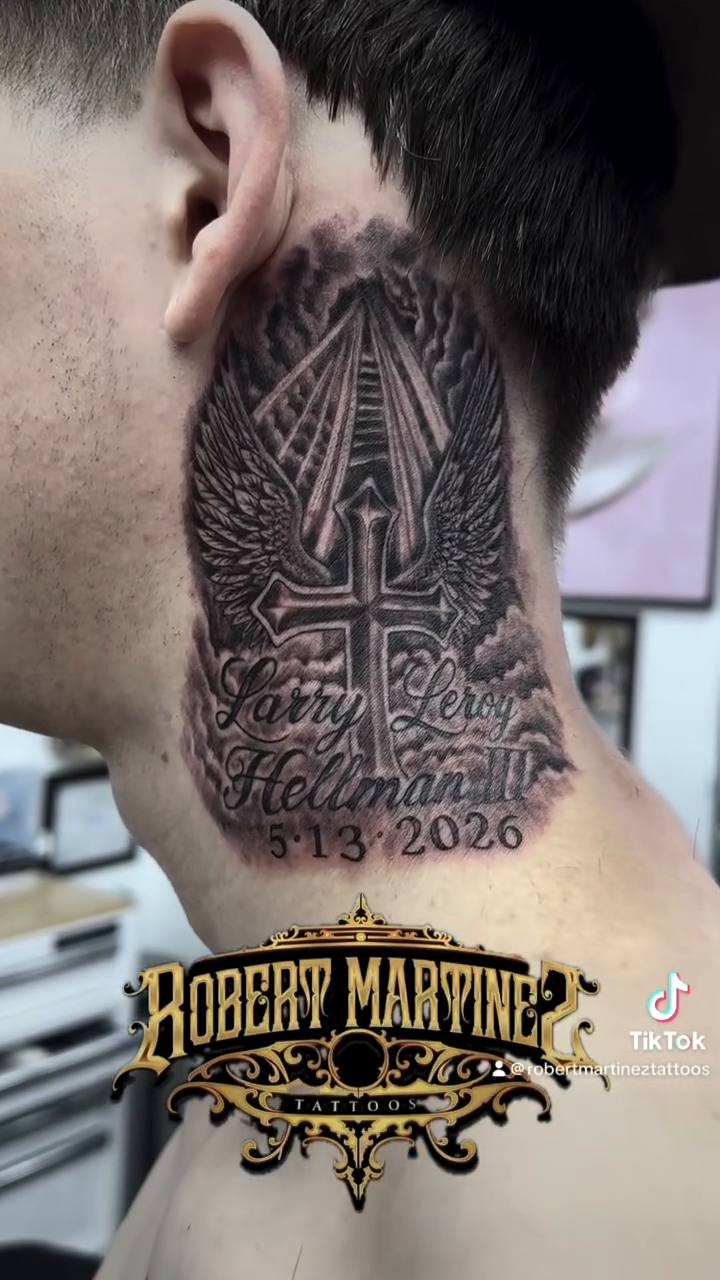 Tattoo by @robert_martineztatts — black_and_grey, lettering_script