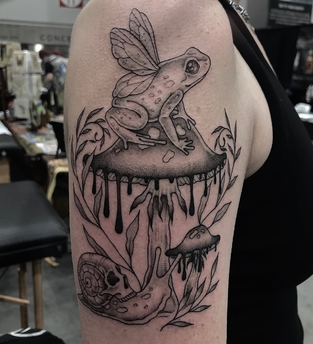 Tattoo by @raineydaytattoos — illustrative, dotwork