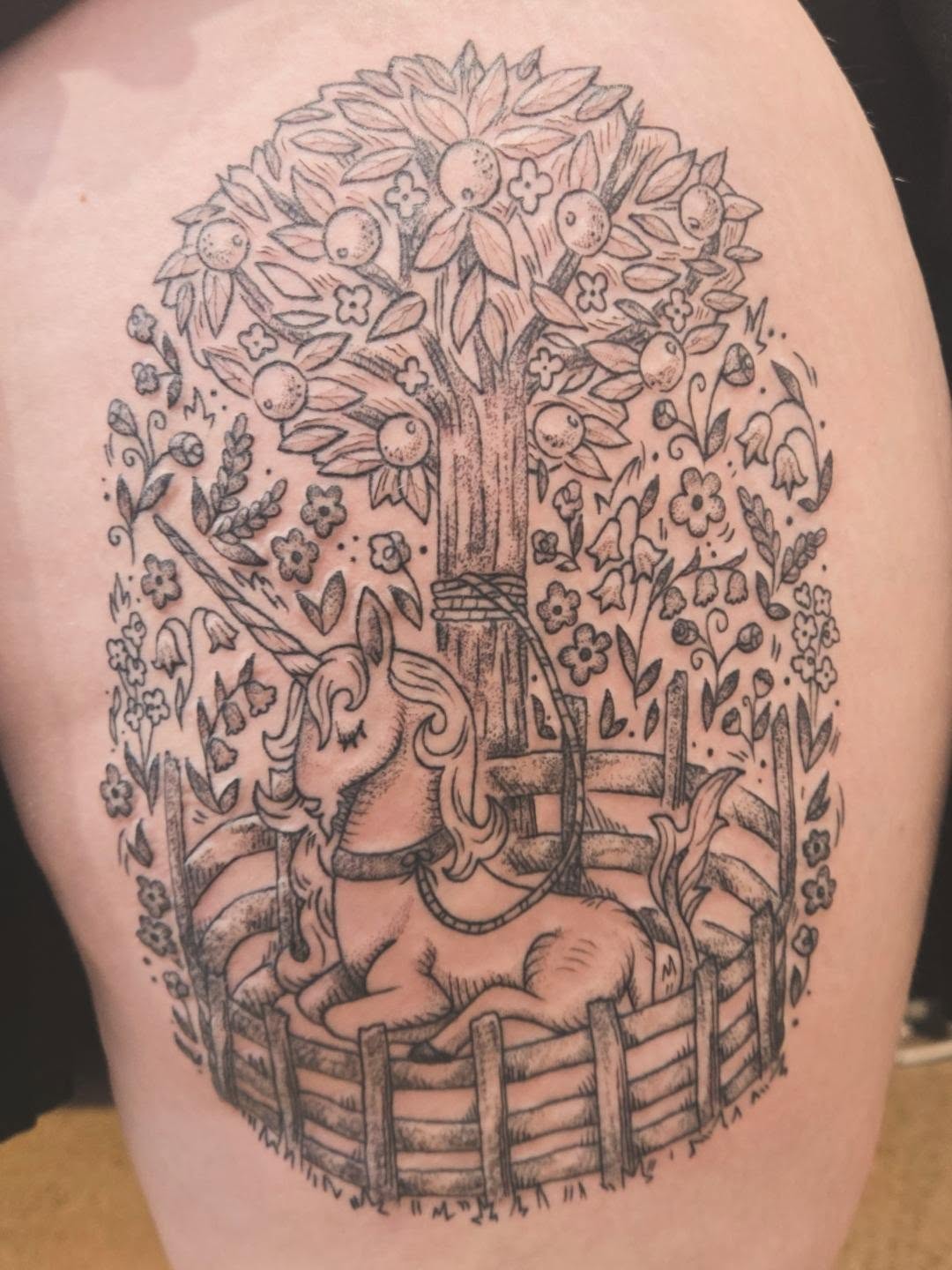 Tattoo by @cfrink.ink — illustrative, dotwork