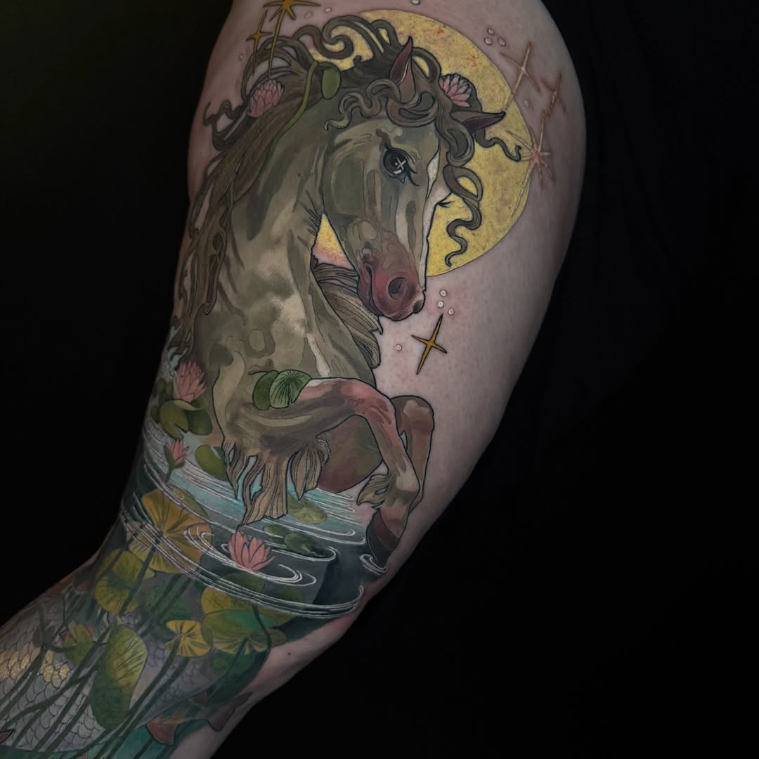 Tattoo by @pigeontattooing — illustrative, black_and_grey