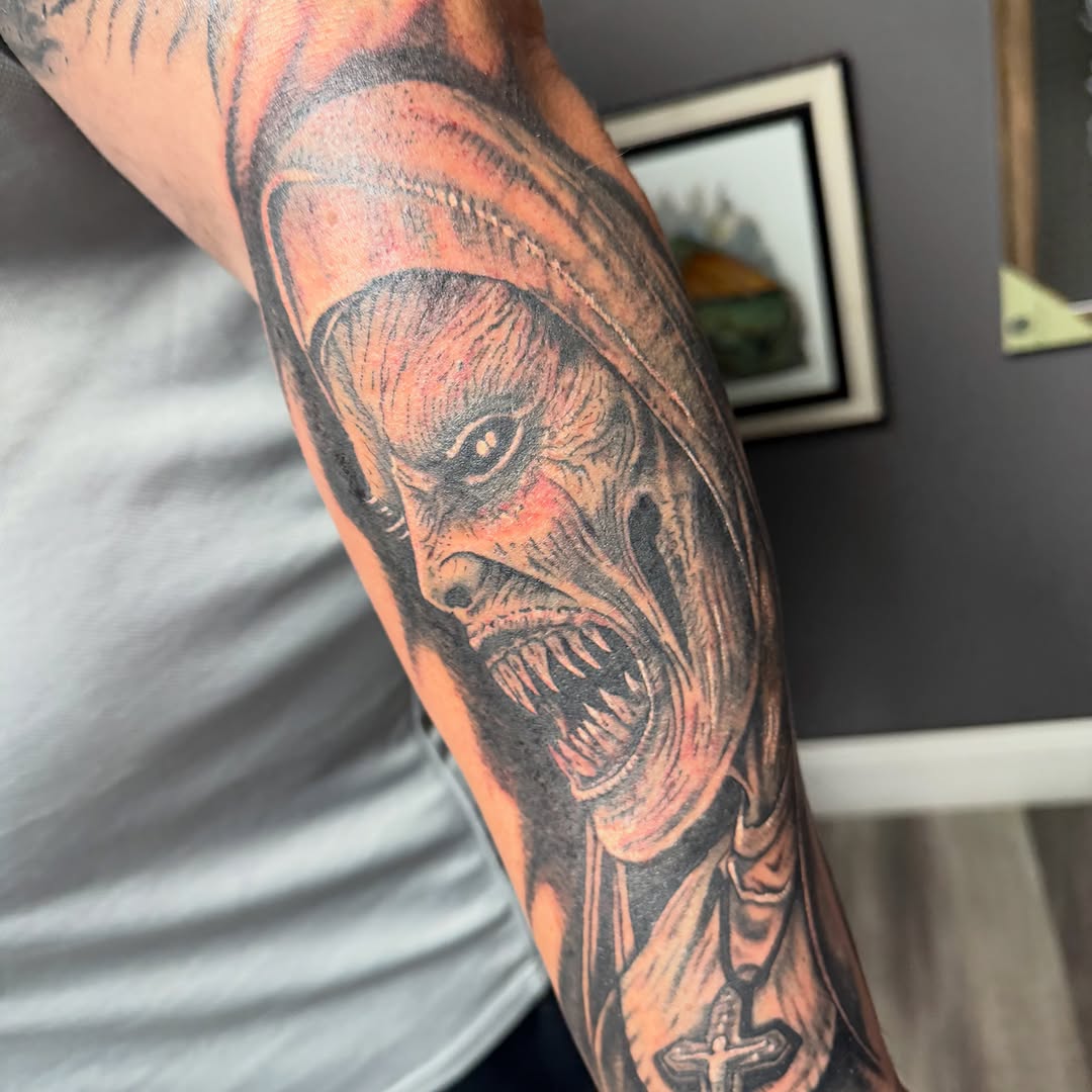Tattoo by @bfmc_peanut_72 — dark_realism, black_and_grey