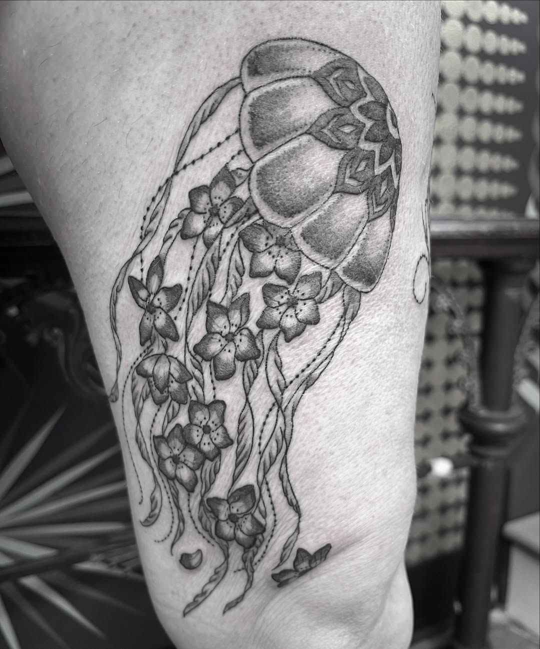 Tattoo by @the_slim_reaper_tattoo — black_and_grey, dotwork