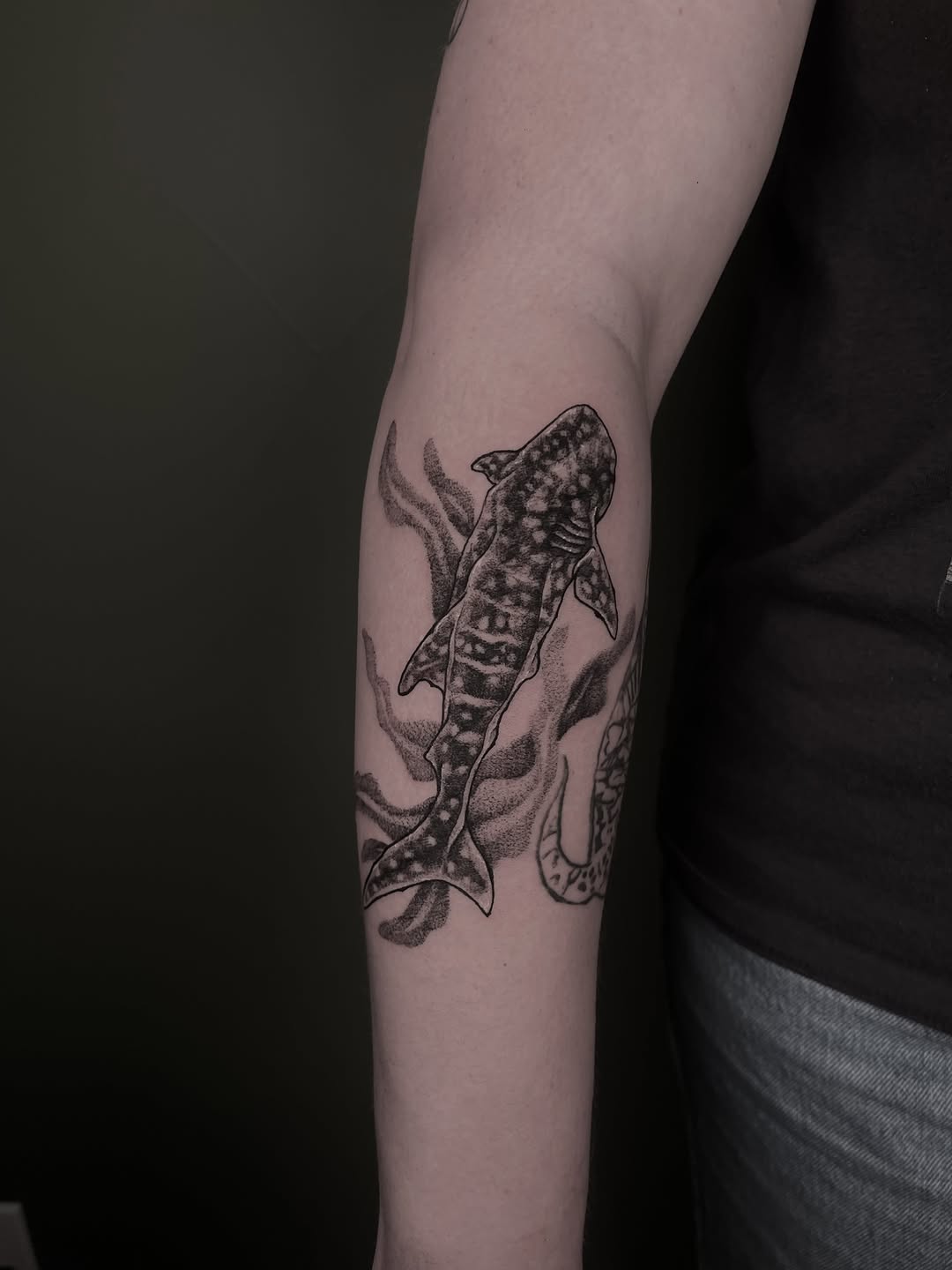 Tattoo by @bumbleknee_tattoos — dotwork, black_and_grey