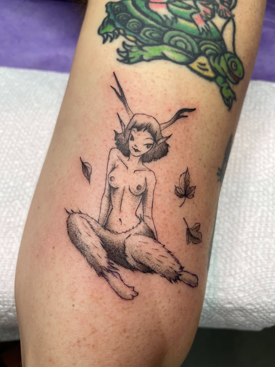 Tattoo by @pineneedlestattoo — illustrative, black_and_grey