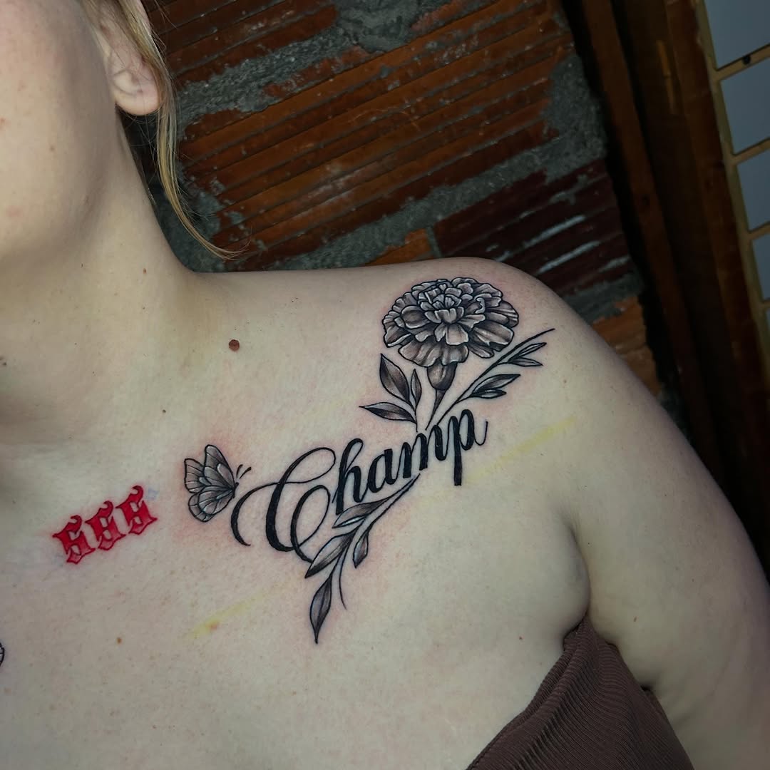 Tattoo by @amry.tattoos โ lettering_script, black_and_grey