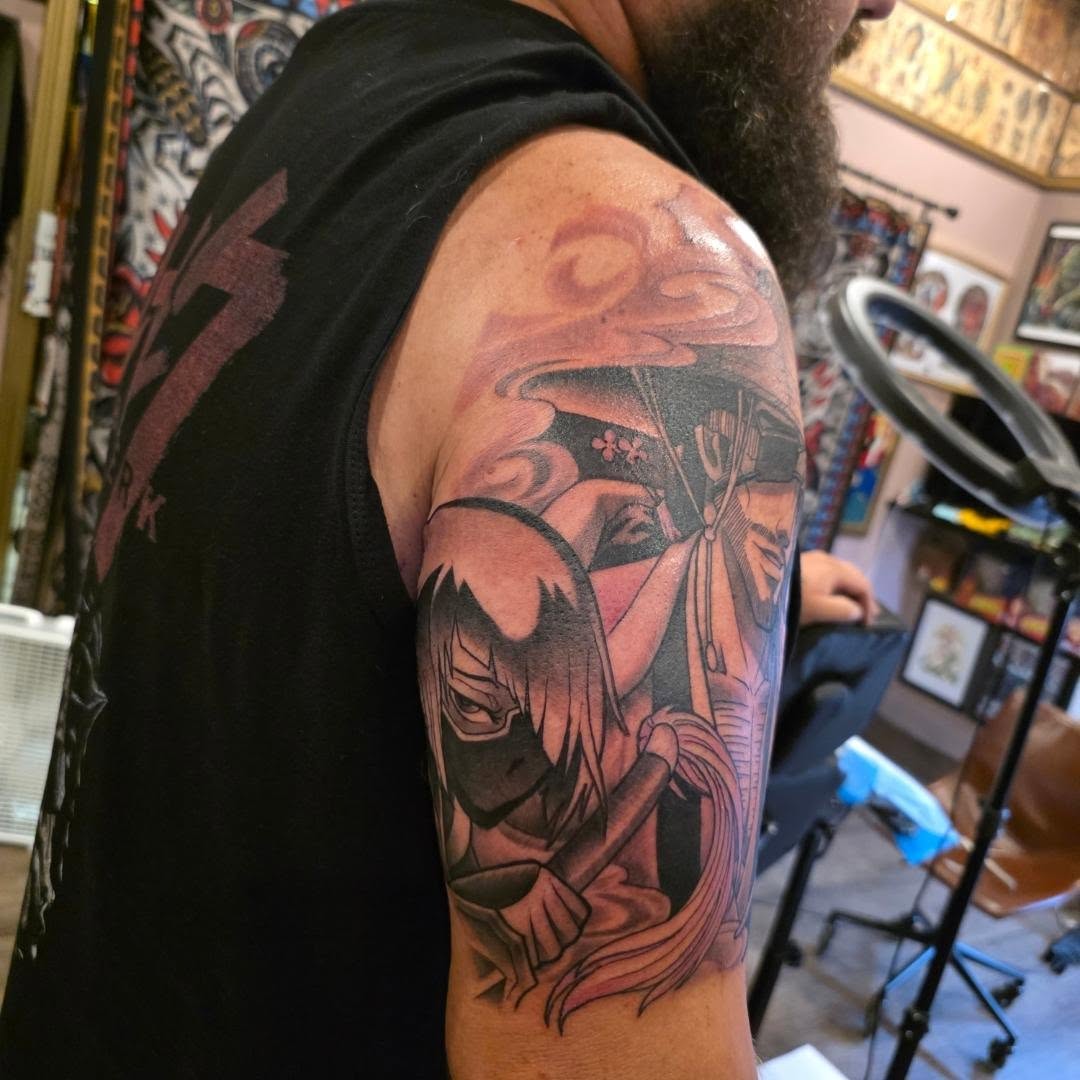 Tattoo by @coryhandtattoos โ anime, black_and_grey