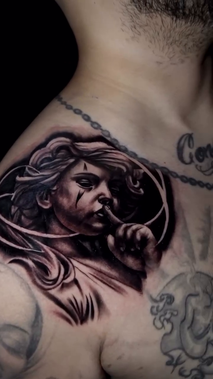 Tattoo by @consciouschildtattoo — realism, black_and_grey
