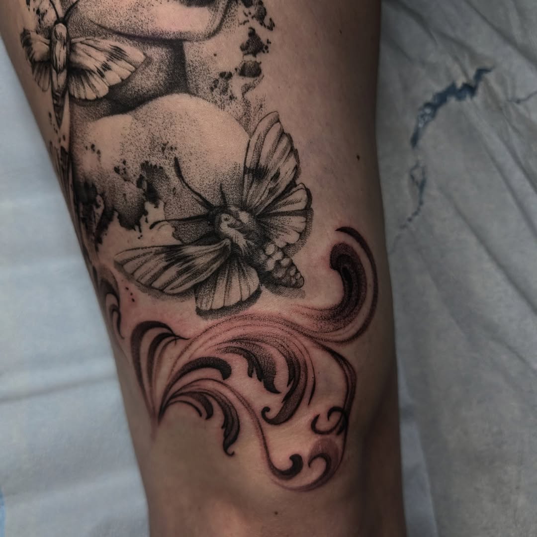 Tattoo by @brightboneink — black_and_grey, dotwork