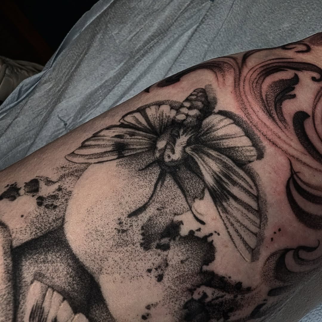 Tattoo by @brightboneink — dotwork, black_and_grey