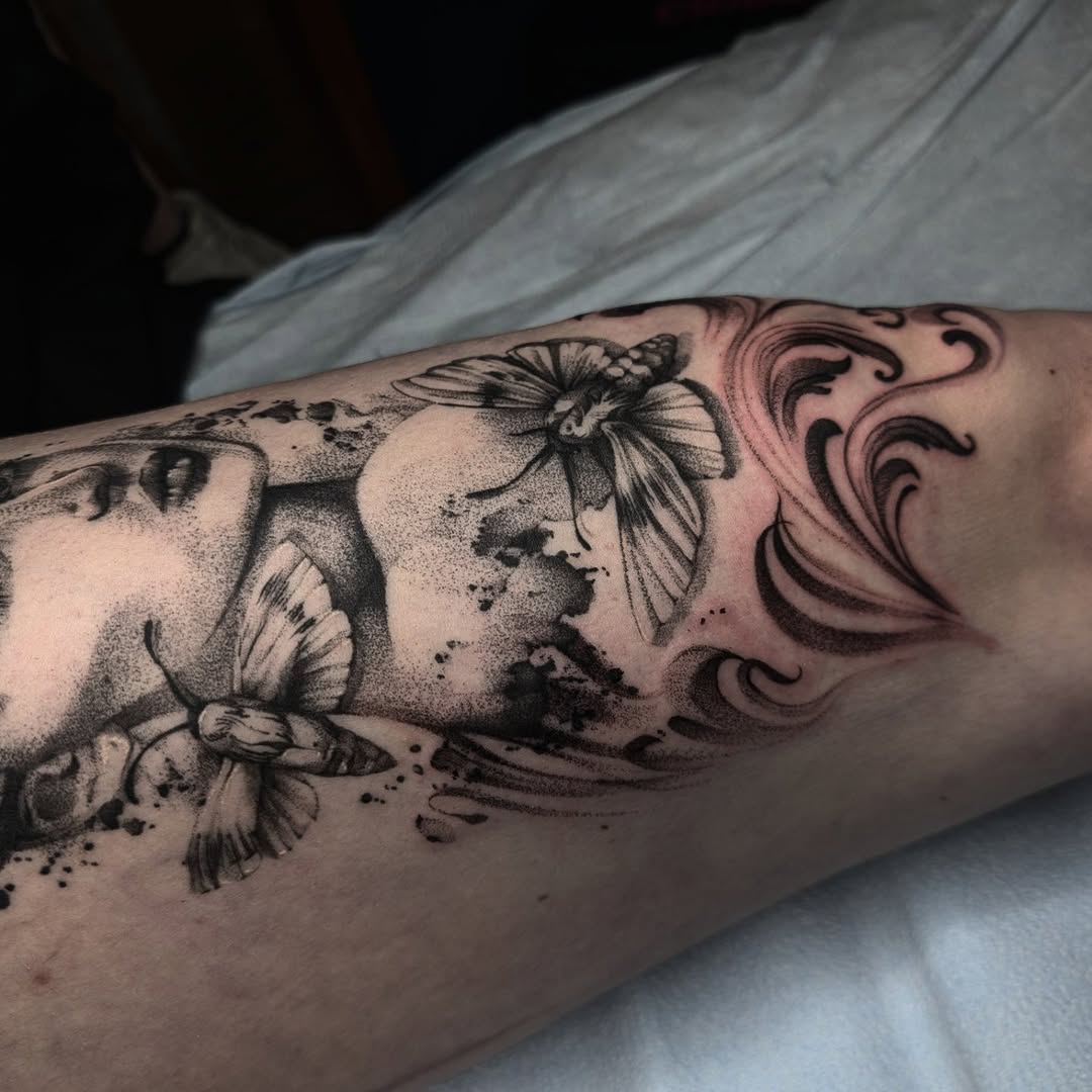 Tattoo by @brightboneink — black_and_grey, dotwork