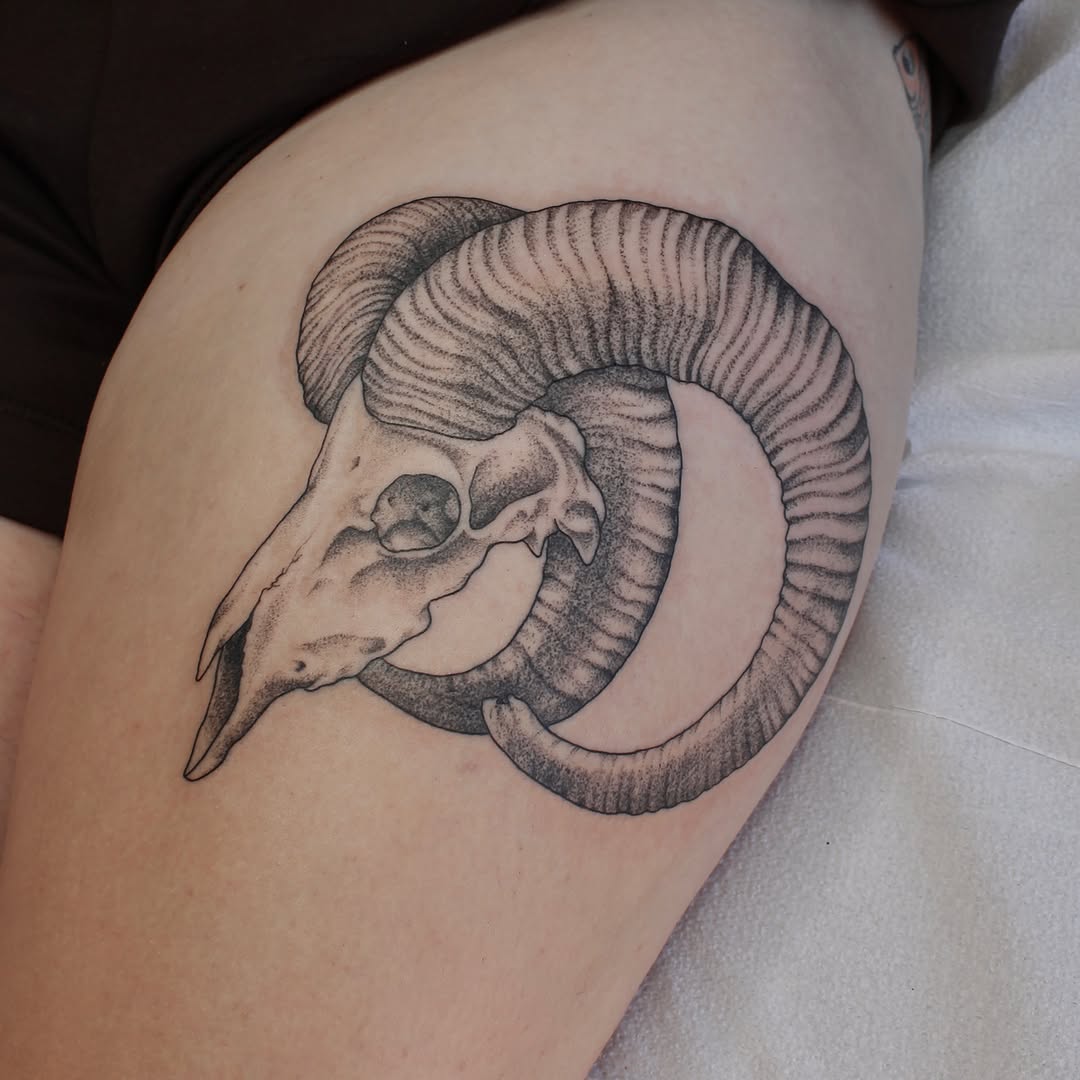 Tattoo by @sol.moss.tattoo — dotwork, black_and_grey