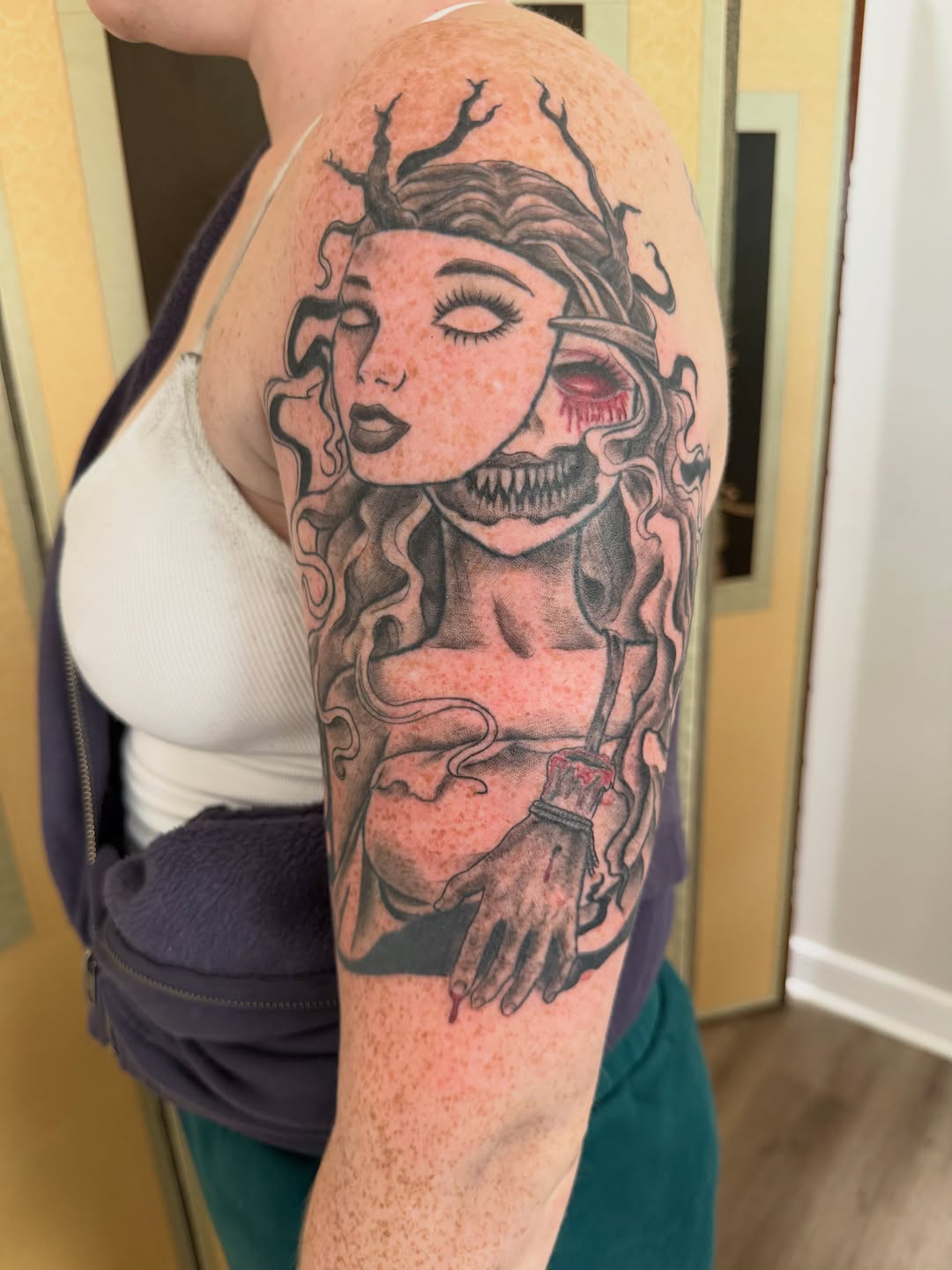 Tattoo by @tattoos_by_dustin — dark_realism, black_and_grey