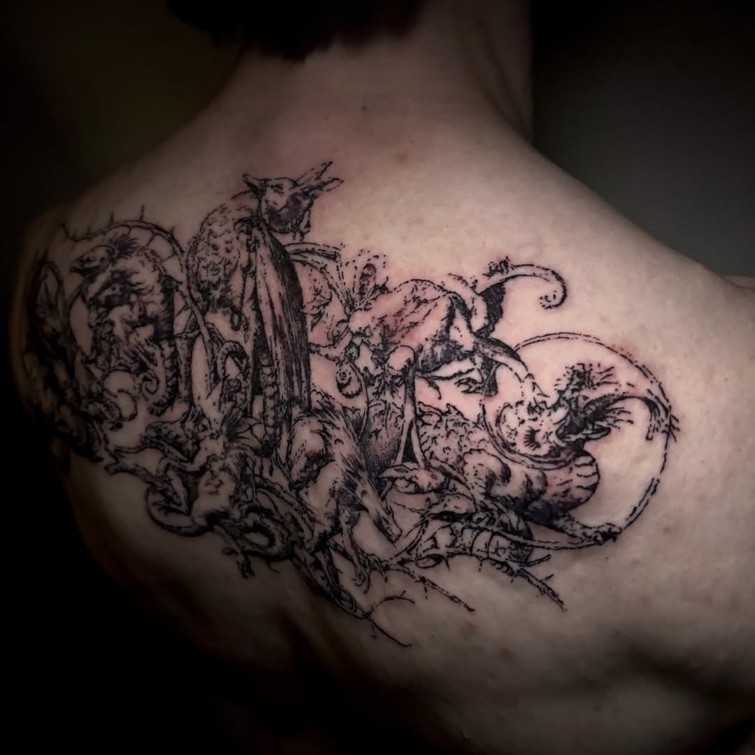Tattoo by @unknownliquids — illustrative, blackwork