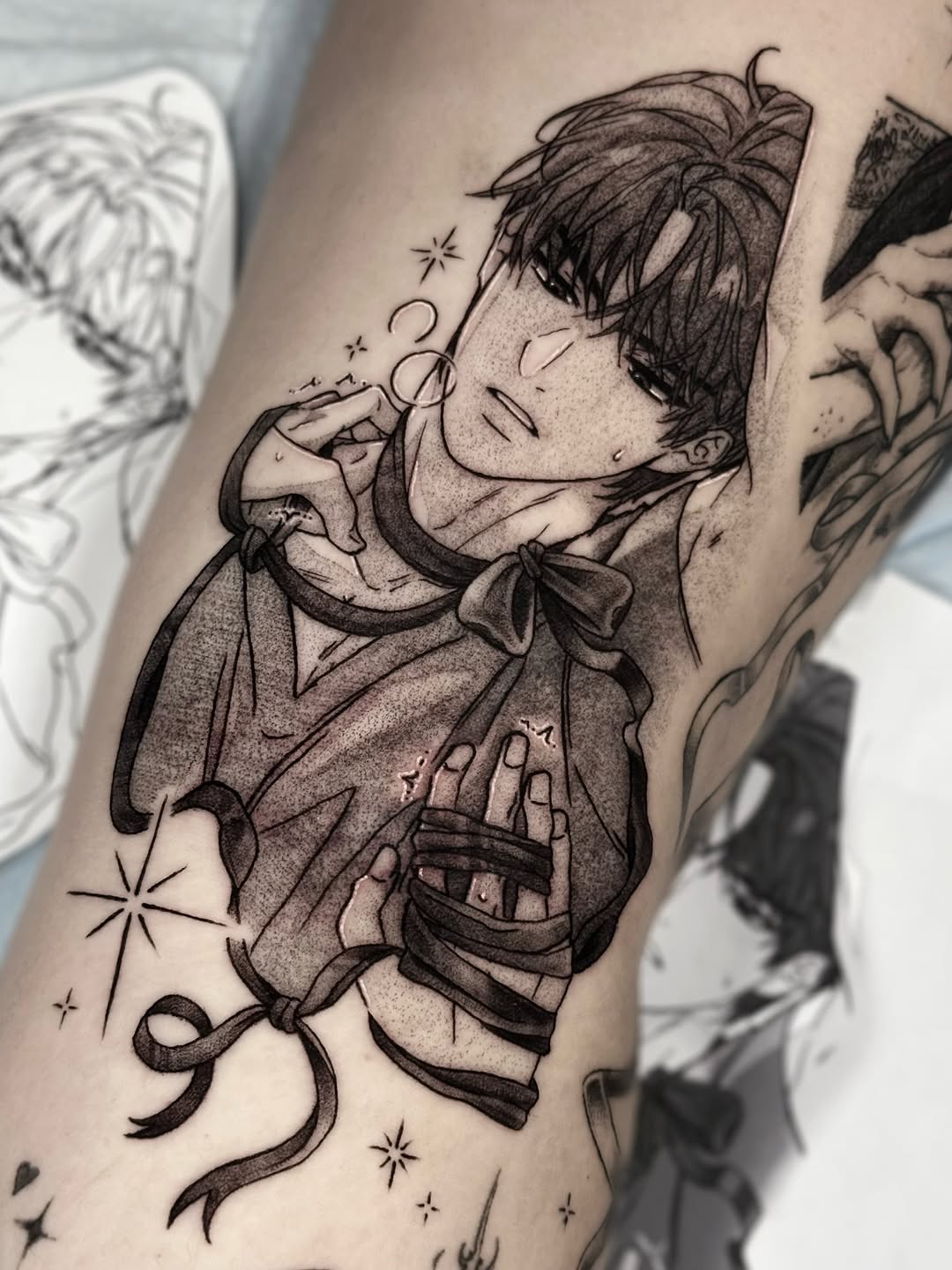 Tattoo by @kkimnida โ anime, black_and_grey