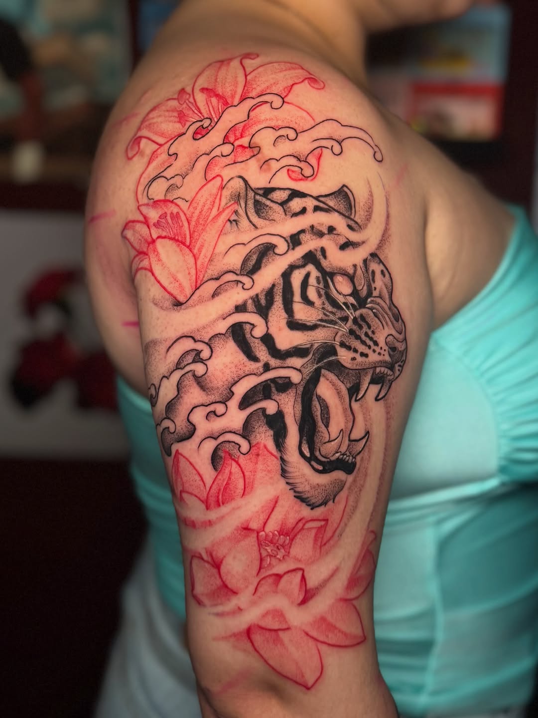 Tattoo by @sincerelyinked — japanese_irezumi, black_and_grey