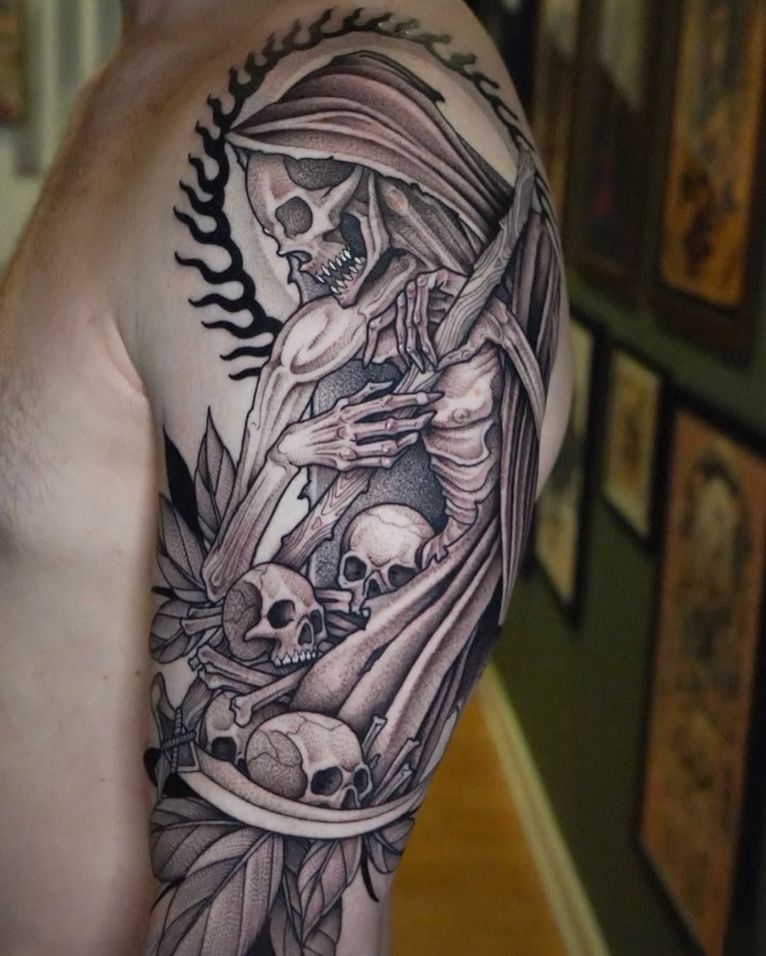 Tattoo by @thiefhands — black_and_grey, dark_realism