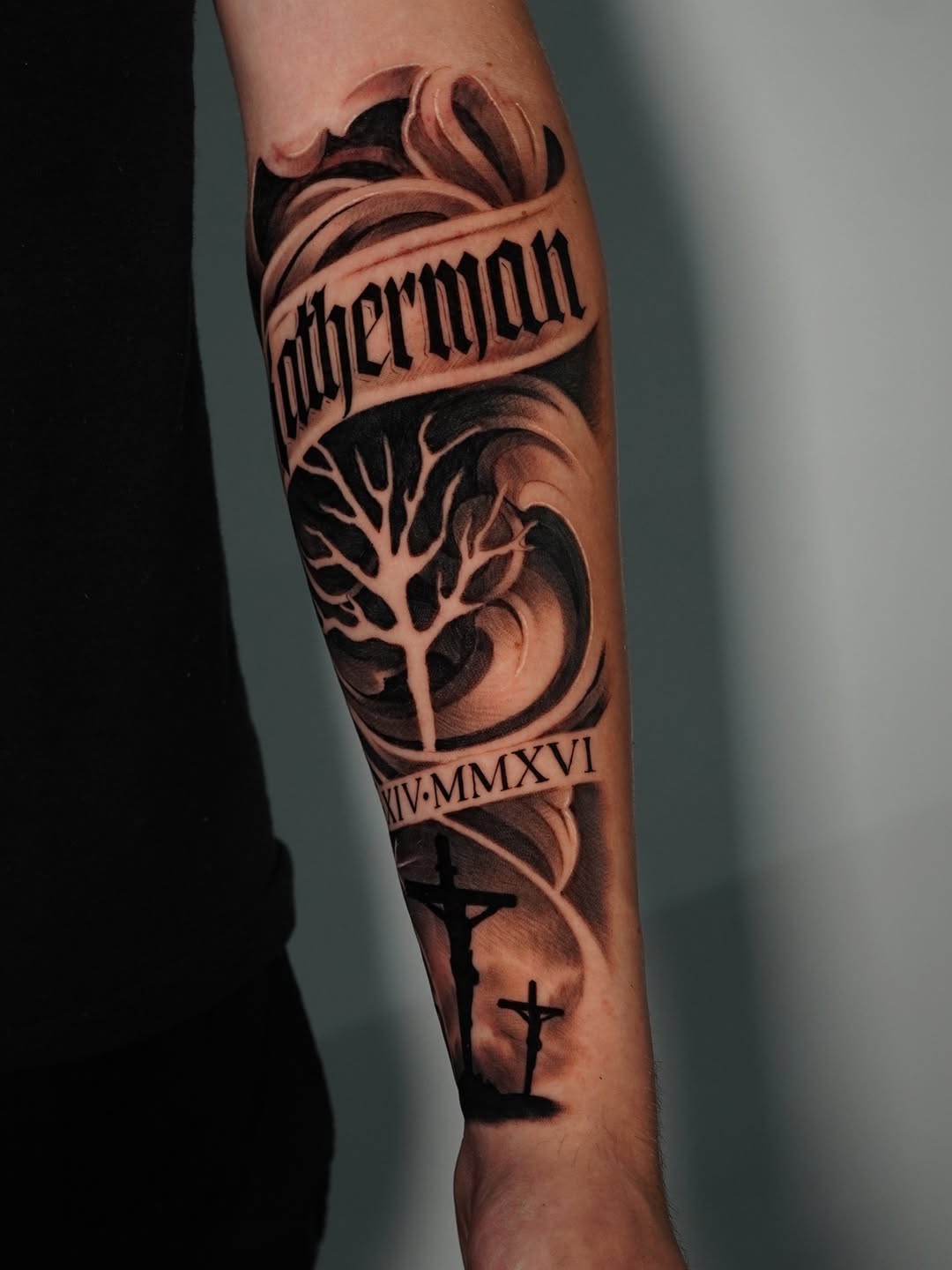 Tattoo by @jessem_tattoos — lettering_script, black_and_grey