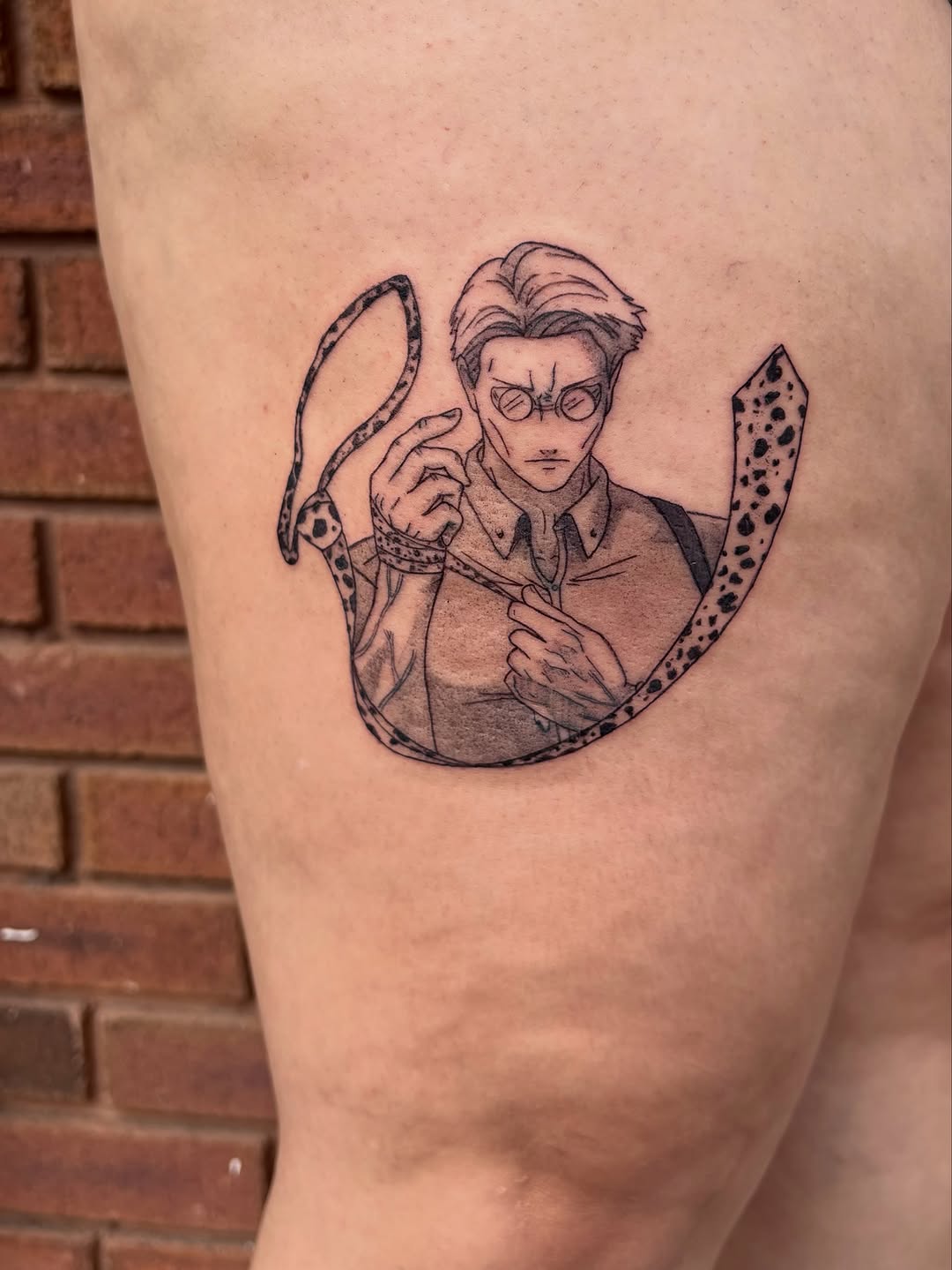 Tattoo by @vivala_goldfish — anime, black_and_grey