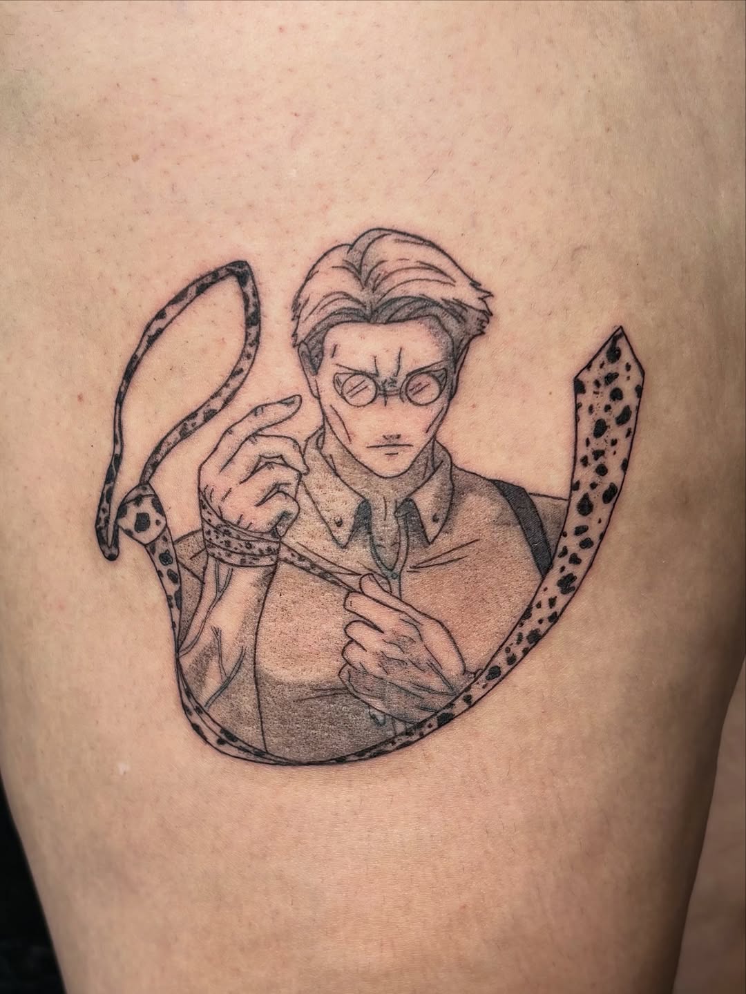 Tattoo by @vivala_goldfish — anime, black_and_grey