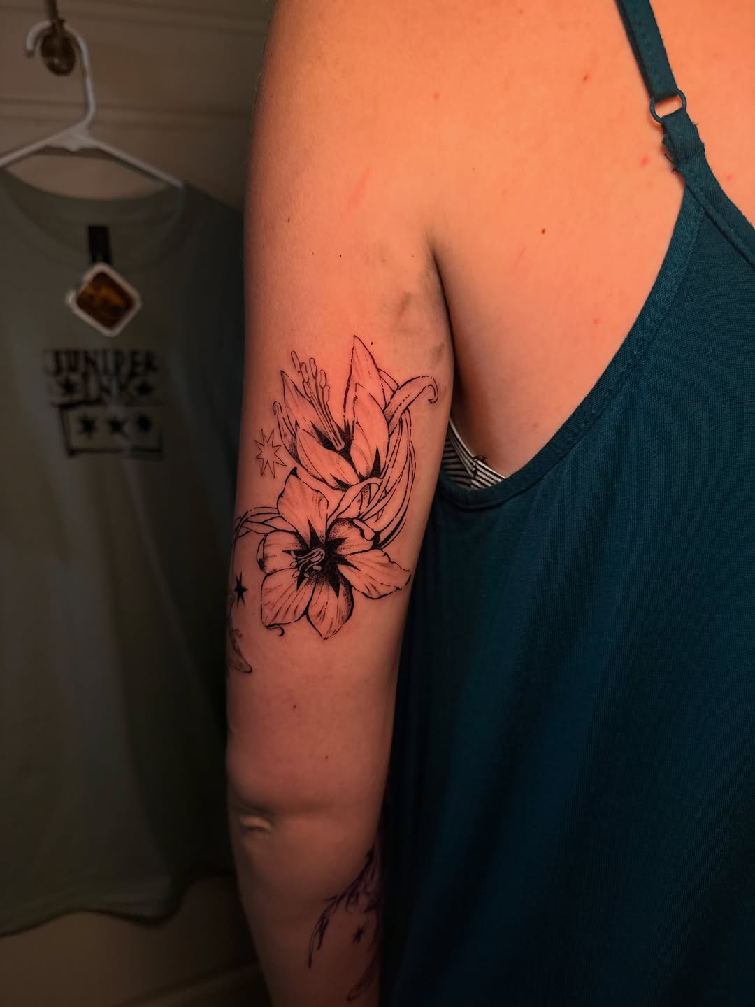 Tattoo by @juniperinkk — black_and_grey, fine_line