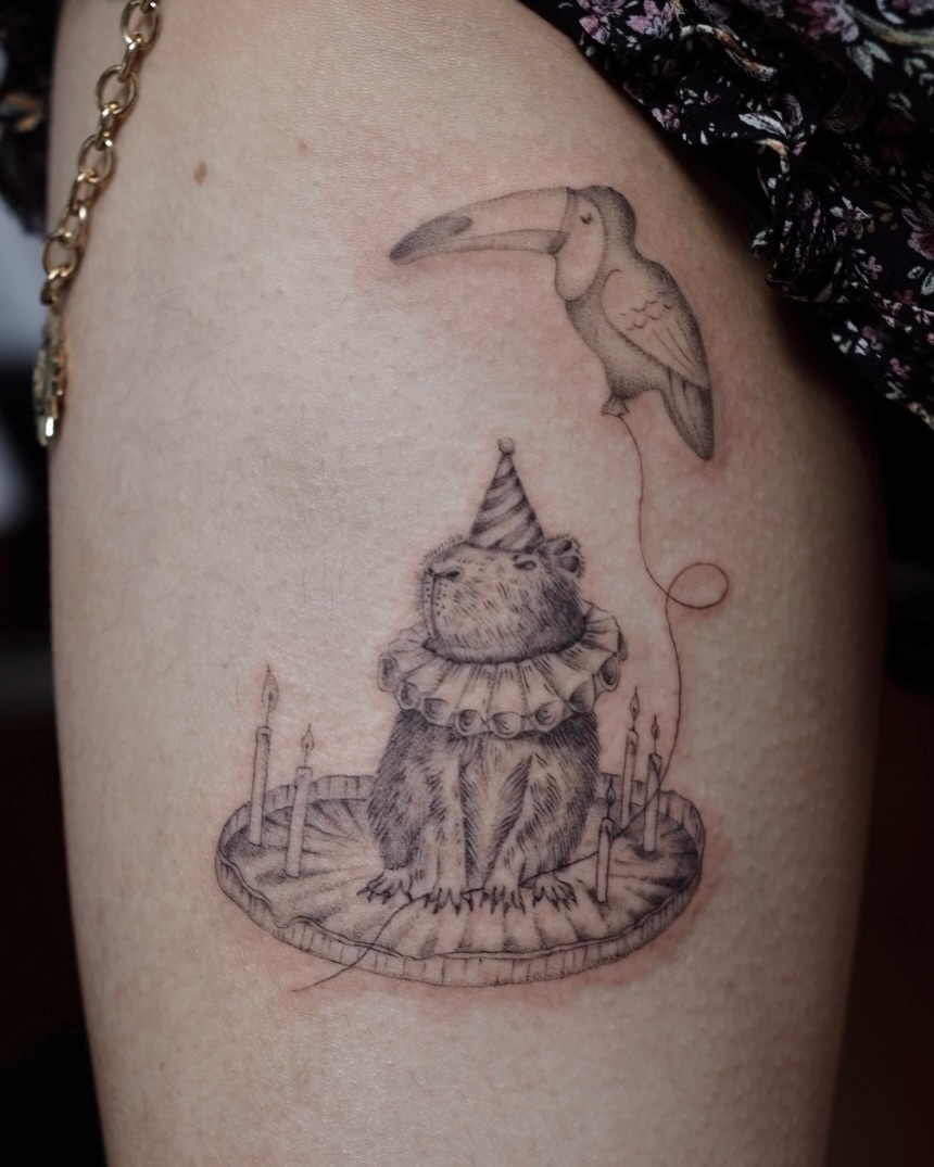 Tattoo by @sunpersimmon.tattoo — illustrative, black_and_grey