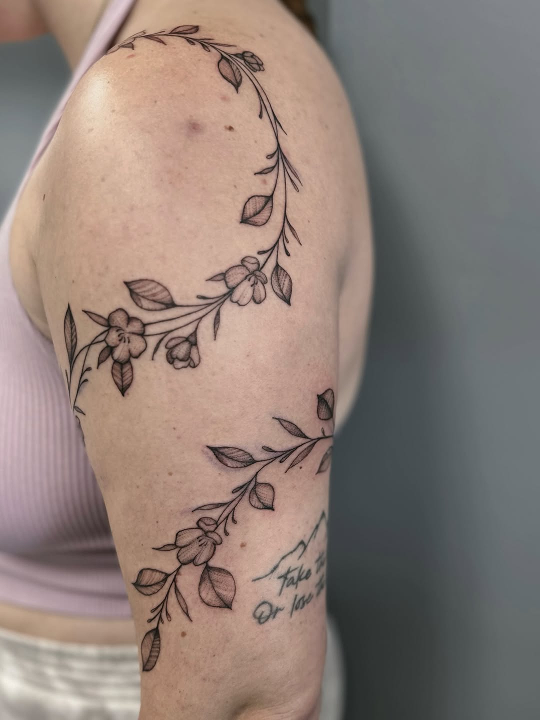 Tattoo by @shroomgrrrl — fine_line, black_and_grey