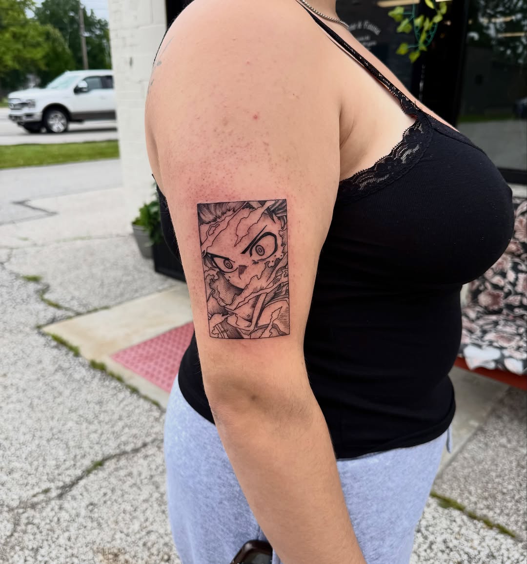 Tattoo by @maxwell.tattoos β anime, black_and_grey